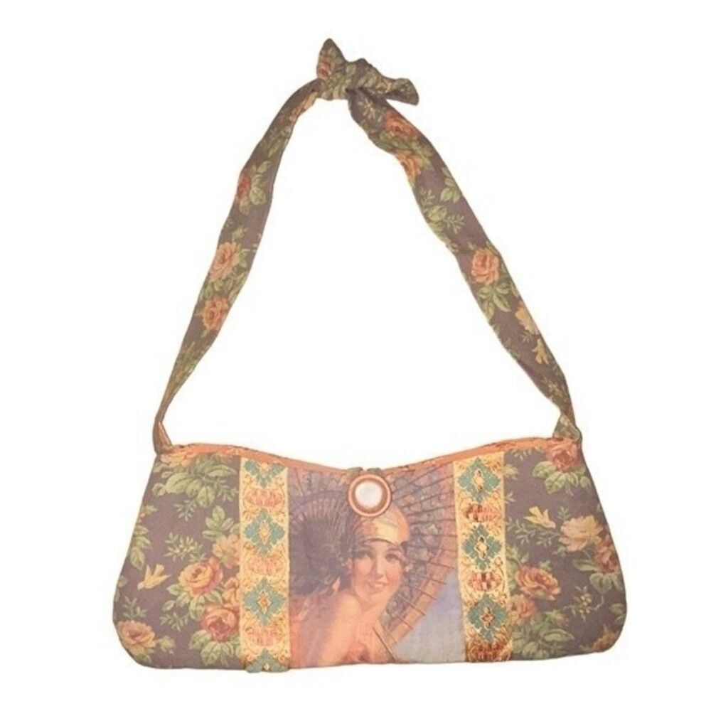 Unique Fabric Embroidered Floral Bathing Beauty Woman Shoulder Bag Purse NWOT